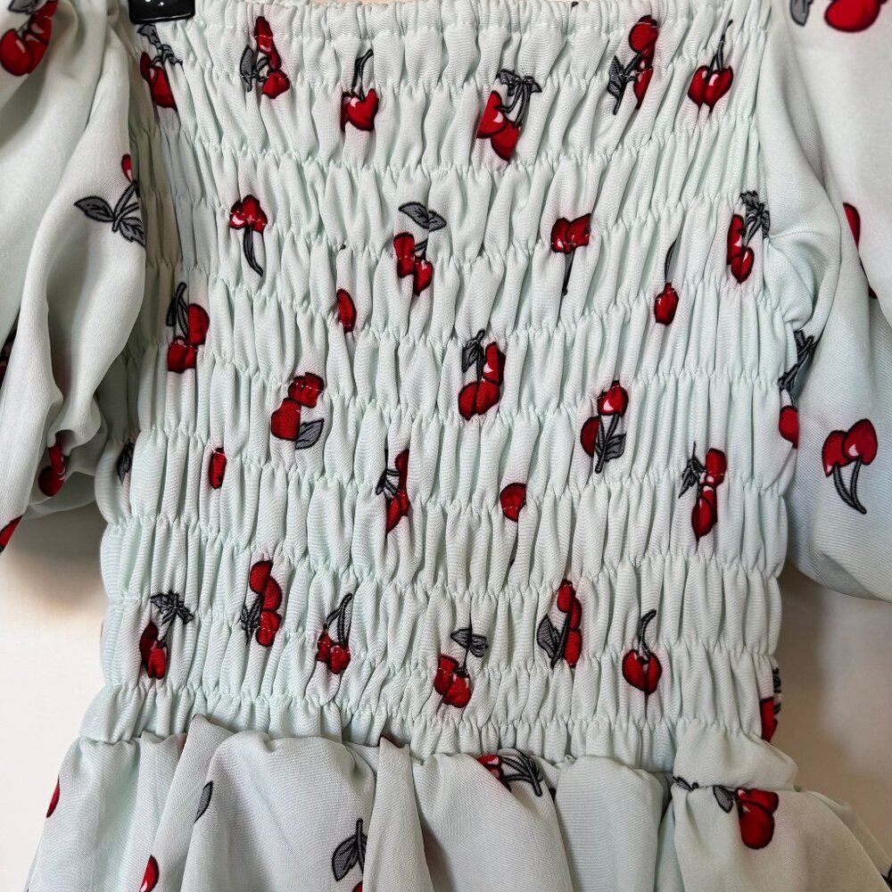 Smocked Cherry Print Maxi Dress - Light Mint/Red - Picture 2 of 3